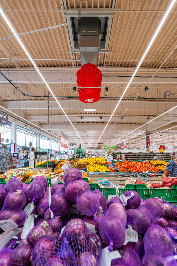 Interieur van een Auchan-supermarkt met op de voorgrond netten rode uien. Aan het plafond hangt een rood luchtverdeelelement aan een IntrCooll-unit, met de groente- en fruitafdeling op de achtergrond.
